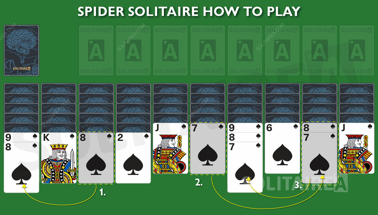Beim Verschieben und Sortieren der Karten werden in Spider Solitaire neue verdeckte Karten aufgedeckt.