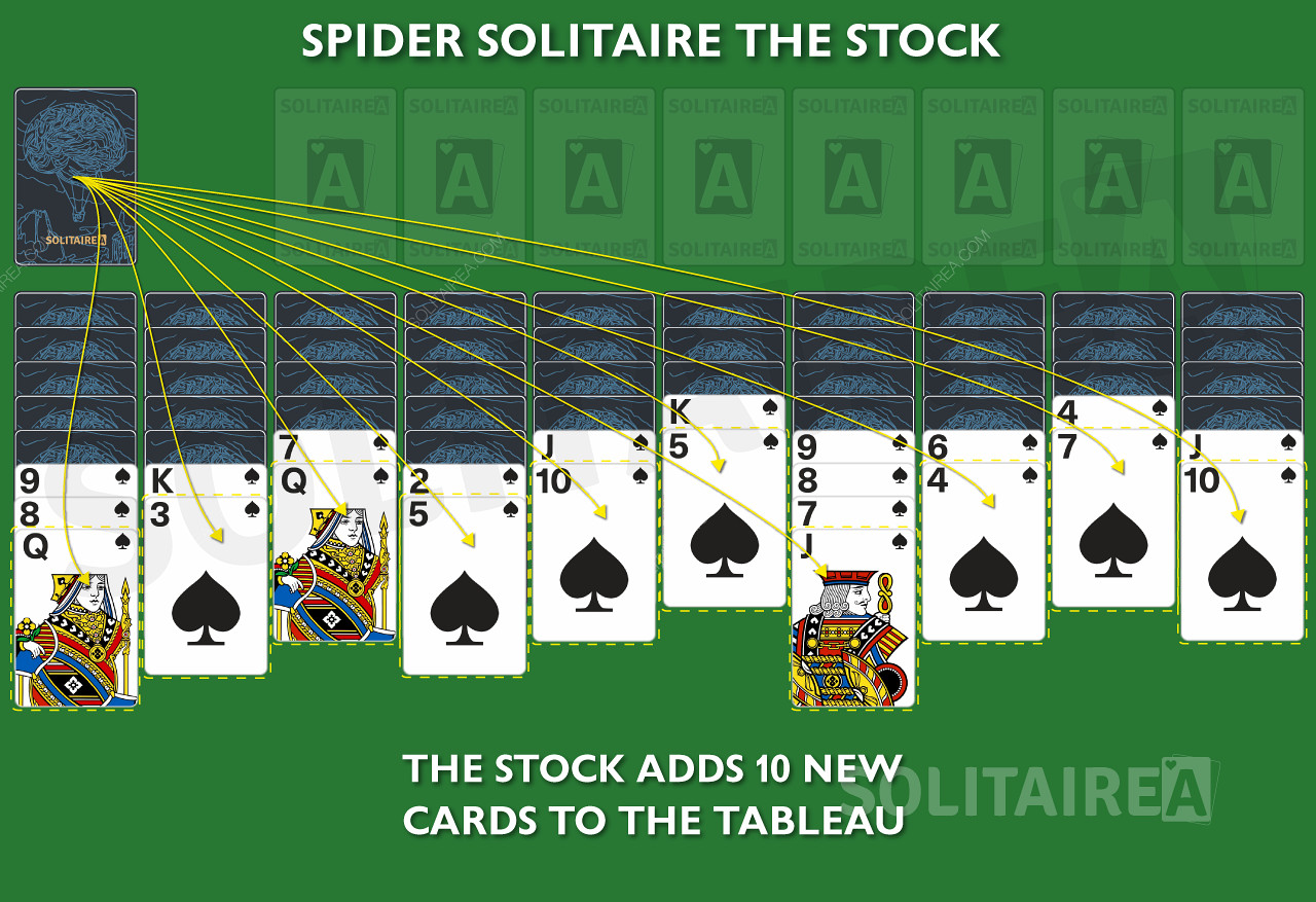 In jeder Spalte wird eine neue Karte aus dem Vorrat des Spinnenspiels hinzugefügt.
