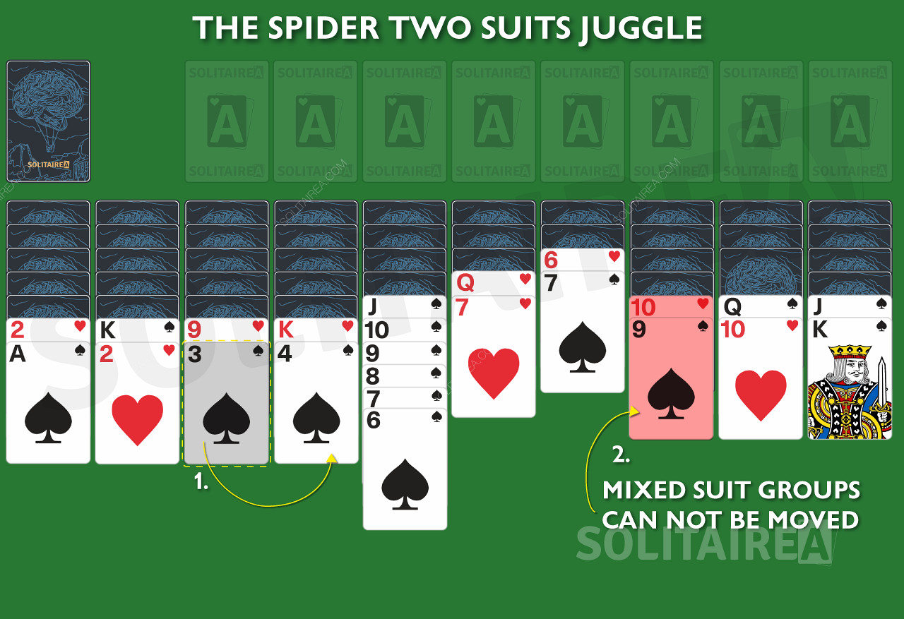 Gemischte Farbgruppen können in Spider Solitaire 2 Suits nicht verschoben werden.